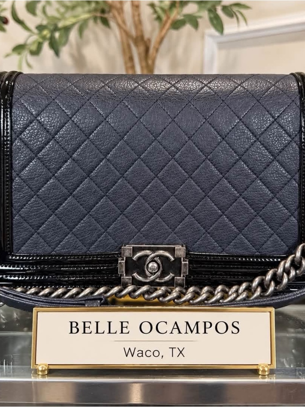 CHANEL Quilted Boy Shoulder Bag in Navy with Black Trim